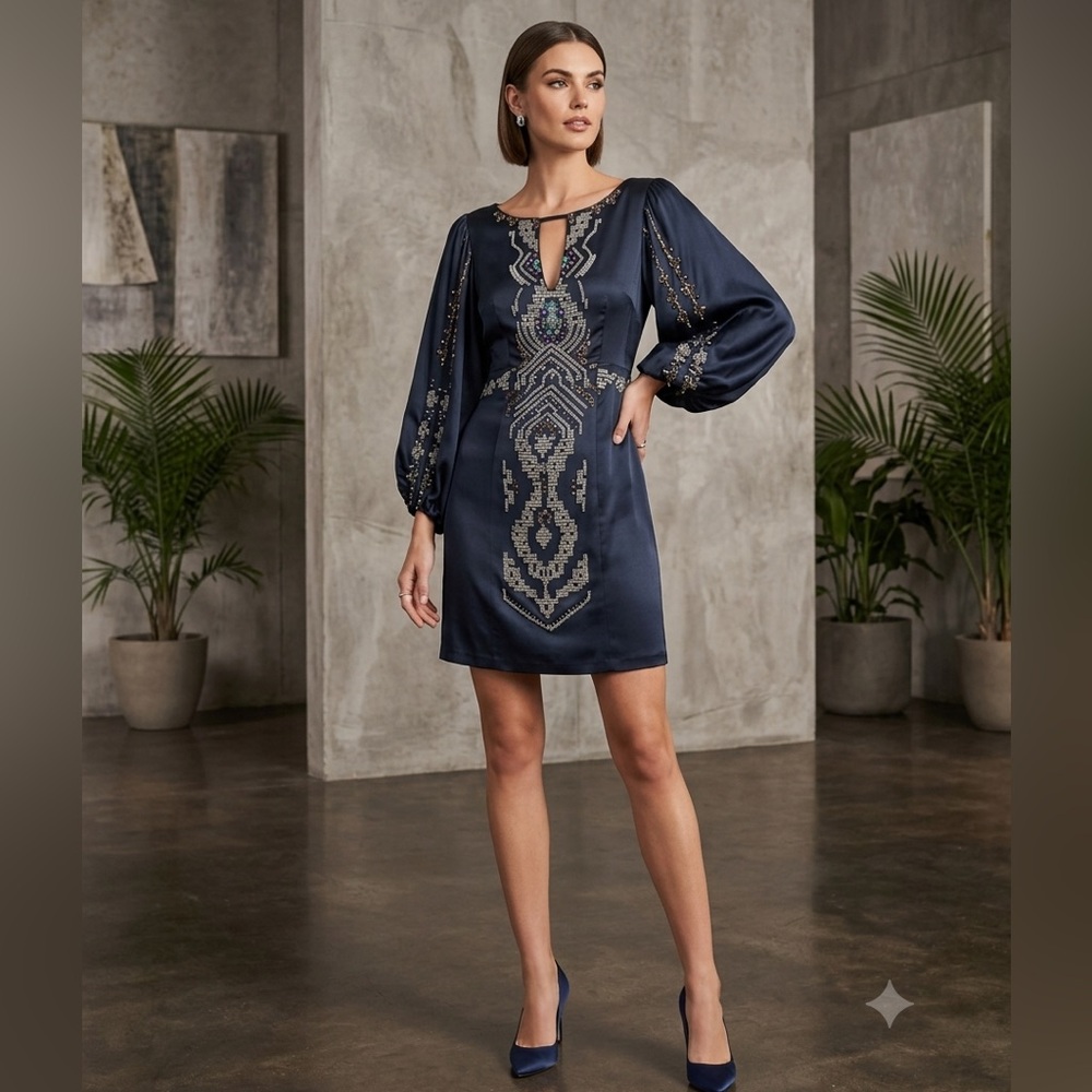Nanette Lepore 100% Silk Bead Embellished Puff Sleeve‎ Mini Dress Sz 4